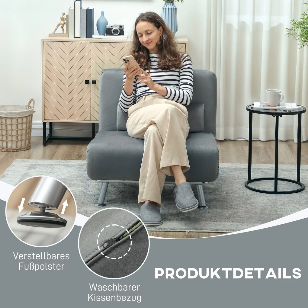 HOMCOM Αναδιπλούμενος πολυθρόνας με λειτουργία κρεβατιού, αναδιπλούμενος πολυθρόνας σε όψη βελούδου, ρυθμιζόμενη πλάτη, 75 x 70 x 75 cm, Γκρι