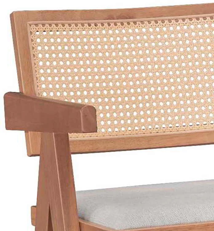 Σκαμπό bar με μπράτσα Winslow pakoworld ξύλο rubberwood ανοικτό καρυδί-pvc rattan φυσικό-ύφασμα γκρι