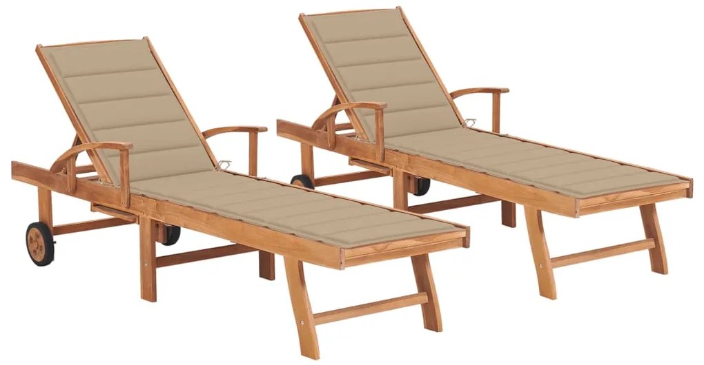 vidaXL Ξαπλώστρες 2 τεμ. από Μασίφ Ξύλο Teak με Μπεζ Μαξιλάρια