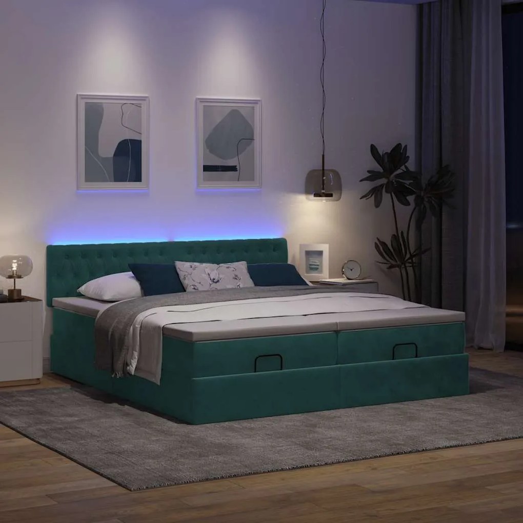 vidaXL Οθωμανικό κρεβάτι με στρώματα&LEDs Dark Green 180x200cm Velvet