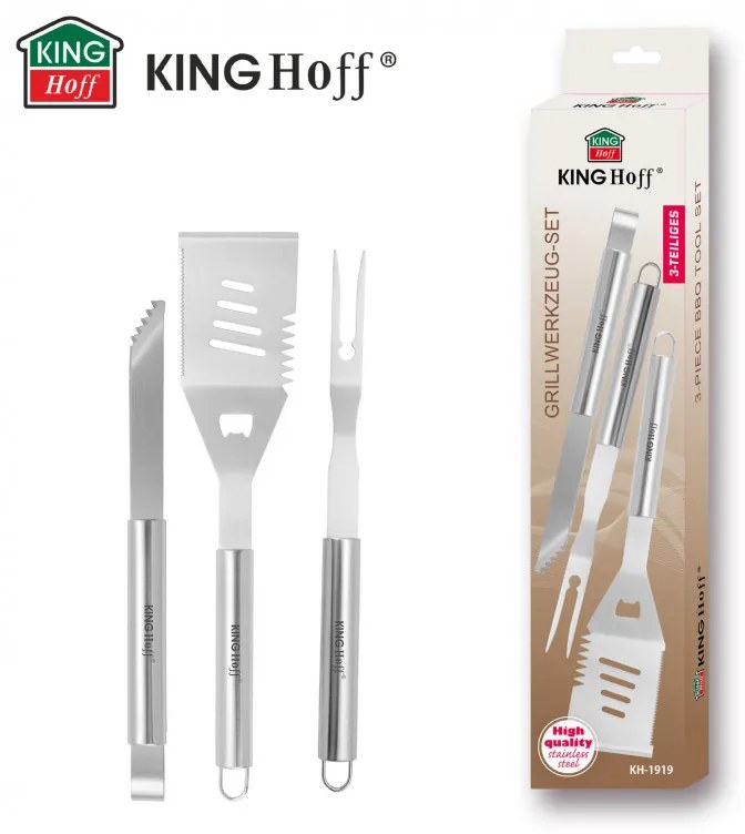 Σετ από 3 σκεύη BBQ Kinghoff KH 1919, Ανοξείδωτο ατσάλι, Εργονομικές λαβές, Inox