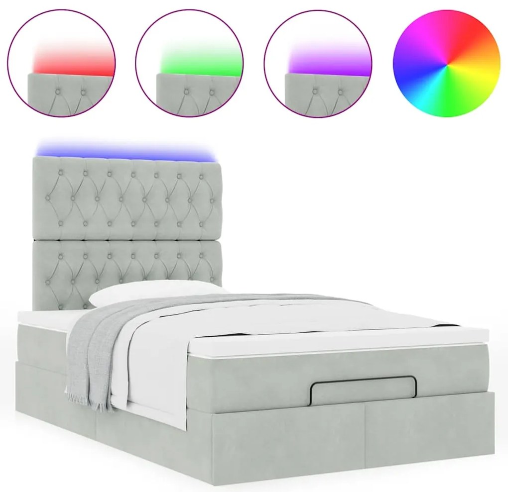 vidaXL Οθωμανικό κρεβάτι με στρώματα & LEDs Ανοιχτό γκρι Βελούδο