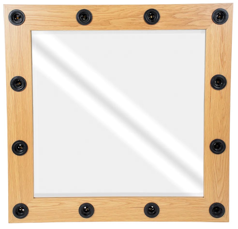 GloboStar® MAKEUP MIRROR-80x80-1 Μοντέρνος Καθρέπτης Μακιγιάζ με Πλαίσιο Φυσικού Ξύλου με Διακόπτη On/Off 12 x E27 AC220-240V - Μ80 x Π7 x Υ80cm - Μπεζ Δρυς