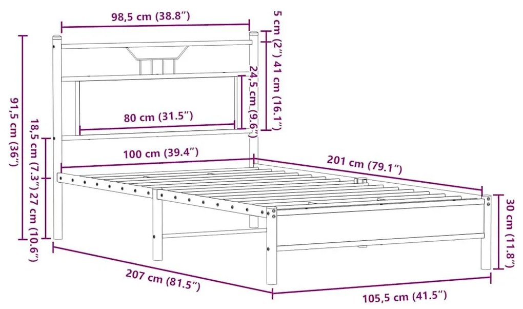 Πλαίσιο Κρεβατιού Καπνιστή Δρυς 100x200 εκ. Επεξεργασμένο Ξύλο - Καφέ