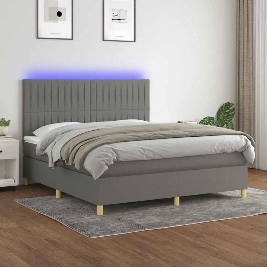 vidaXL Κρεβάτι Boxspring με Στρώμα &amp; LED Σκ.Γκρι 160x200 εκ Υφασμάτινο