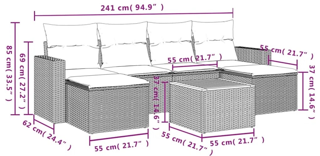 vidaXL Καναπές Σετ 7 Τεμαχίων Μαύρο Συνθετικό Ρατάν με Μαξιλάρια