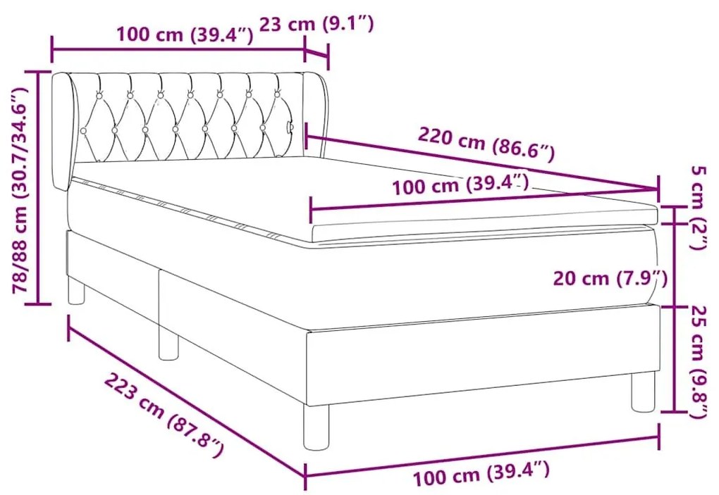 Box Spring κρεβάτι με στρώμα ανοιχτό γκρι 100x220 εκ. Βελούδινο - Γκρι