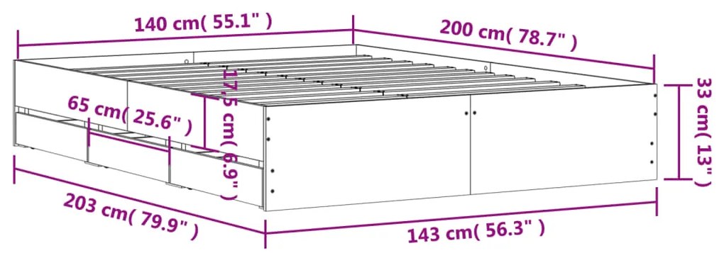 Πλαίσιο Κρεβατιού με συρτάρια Γκρι Σκυρ. 140x200 εκ. Επεξ. Ξύλο - Γκρι