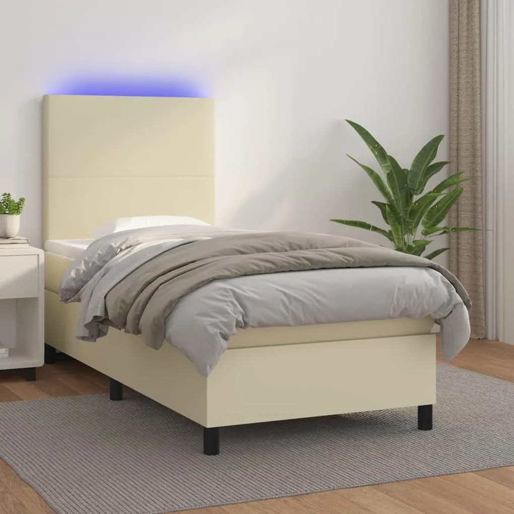 vidaXL Κρεβάτι Boxspring με Στρώμα & LED Κρεμ 90x200 εκ. Συνθ. Δέρμα