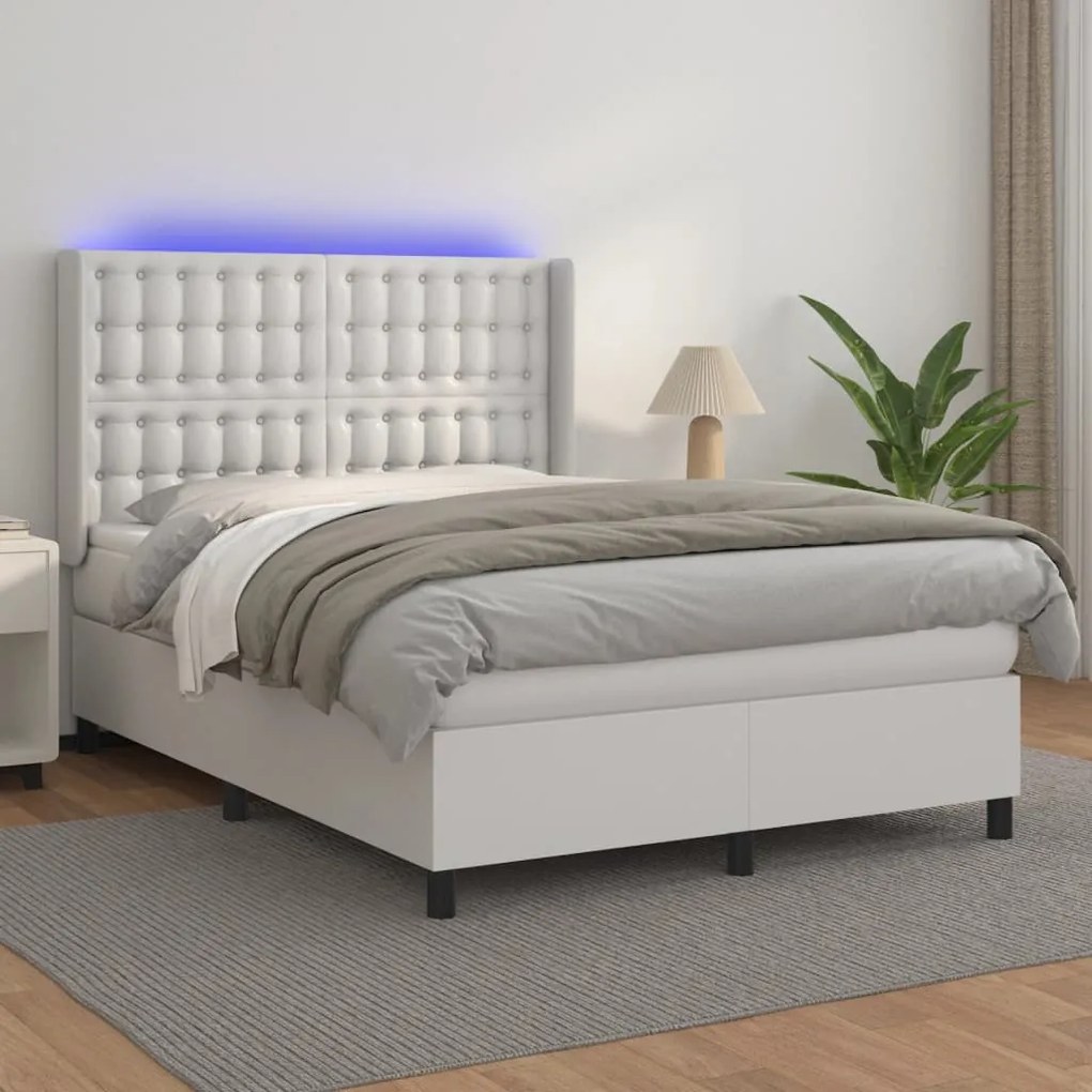 Κρεβάτι Boxspring με Στρώμα &amp; LED Λευκό 140x190 εκ. Συνθ. Δέρμα - Λευκό