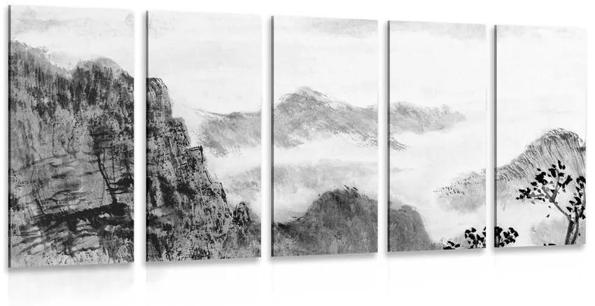 Εικόνα 5 μερών παραδοσιακή κινέζικη ζωγραφική τοπίων σε ασπρόμαυρο - 200x100