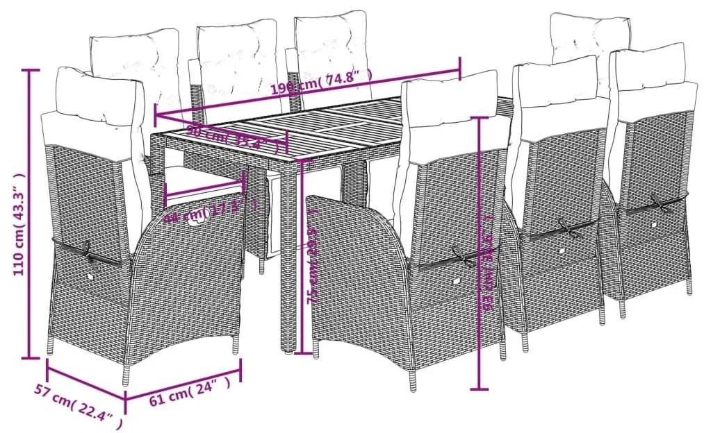 Σετ Τραπεζαρίας Κήπου 9 τεμ Μαύρο από Συνθ. Ρατάν με Μαξιλάρια 3213102