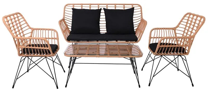 SALSA MAX Living Set Κήπου 4 τεμαχίων, Μέταλλο Βαφή Μαύρο, Wicker Φυσικό, Μαξιλάρια Μαύρο  106x55x45-147x70x105-65x67x96 Ε285,S