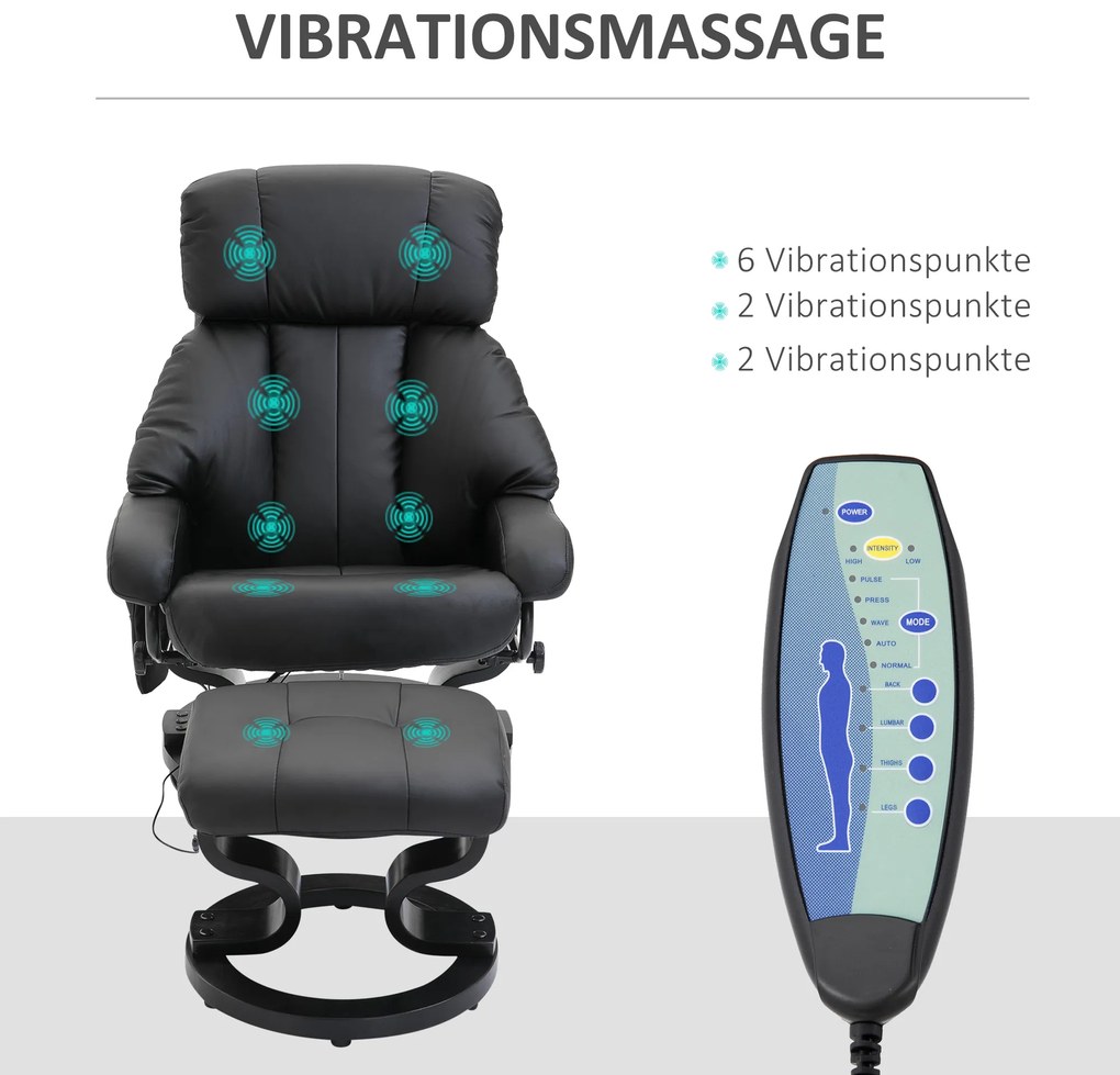 HOMCOM Πολυθρόνα Μασάζ με Υποπόδιο, 10 Σημεία Δόνησης, 145° Ρυθμιζόμενη Πλάτη, Μαύρο