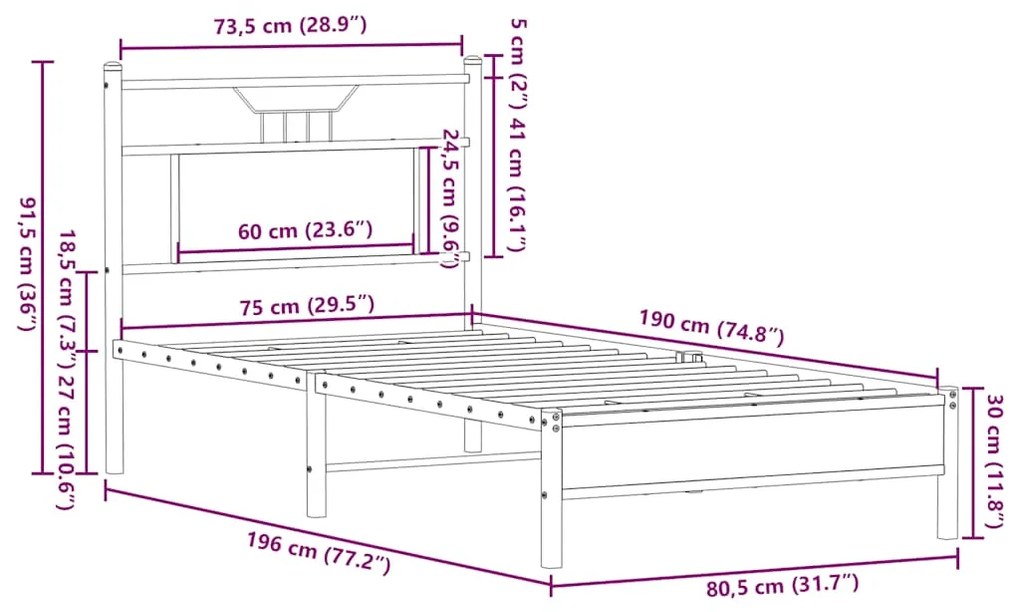 Πλαίσιο Κρεβατιού Χωρ. Στρώμα Καφέ Δρυς 75x190εκ Επεξ. Ξύλο - Καφέ