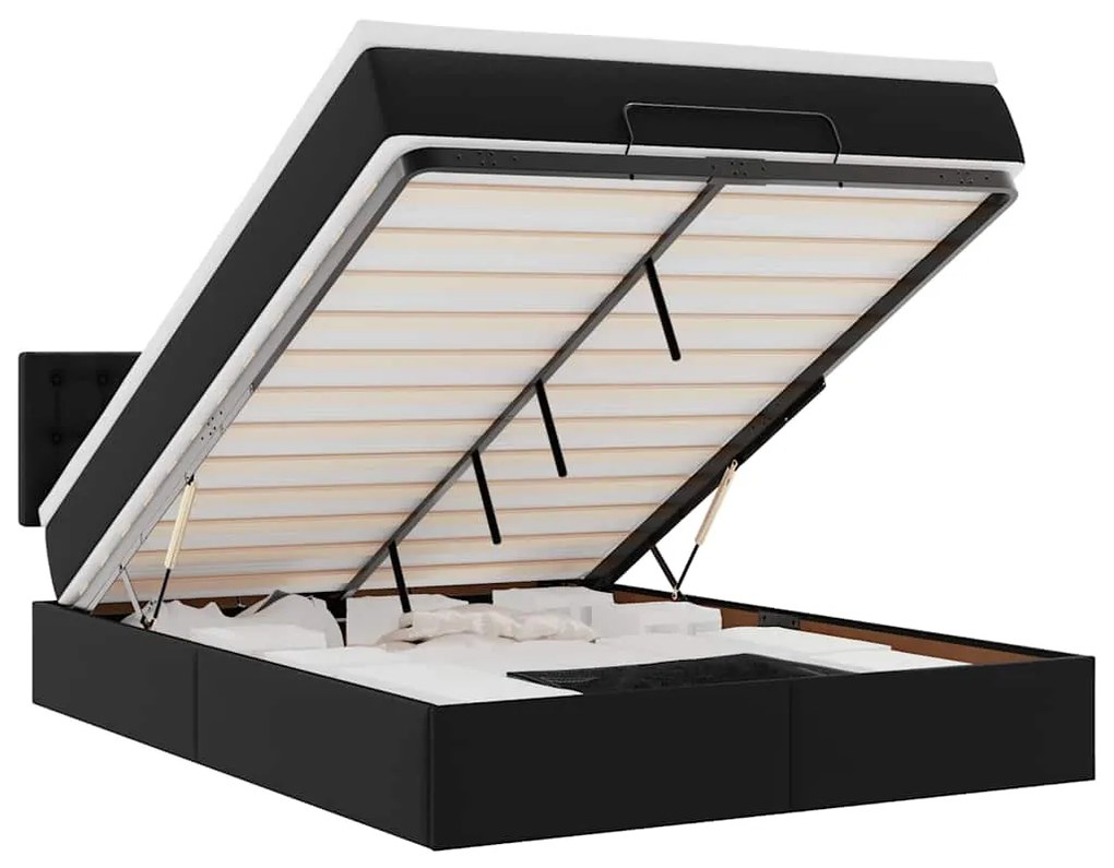 vidaXL Οθωμανικό κρεβάτι με στρώματα &amp; LEDs Μαύρο Faux Leather