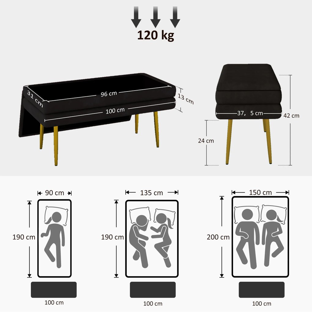 HOMCOM Τραπεζάκι-παγκάκι, με αποθηκευτικό χώρο, ατσάλι, 100 cm x 37,5 cm x 42 cm, μαύρο