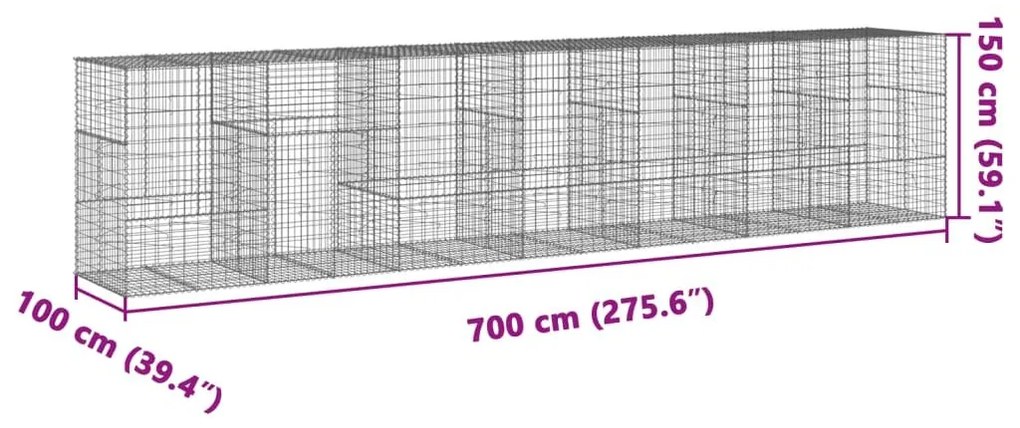 Συρματοκιβώτιο με Κάλυμμα 700x100x150εκ από Γαλβανισμένο Χάλυβα - Ασήμι