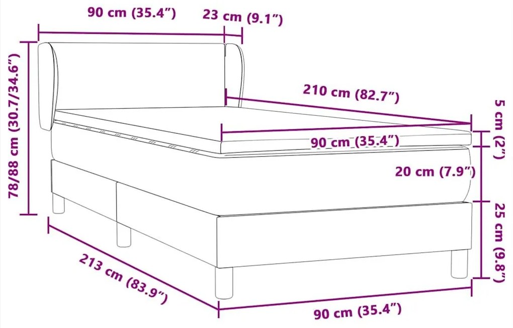 Box Spring κρεβάτι με στρώμα ανοιχτό γκρι 90x210 cm Βελούδινο - Γκρι