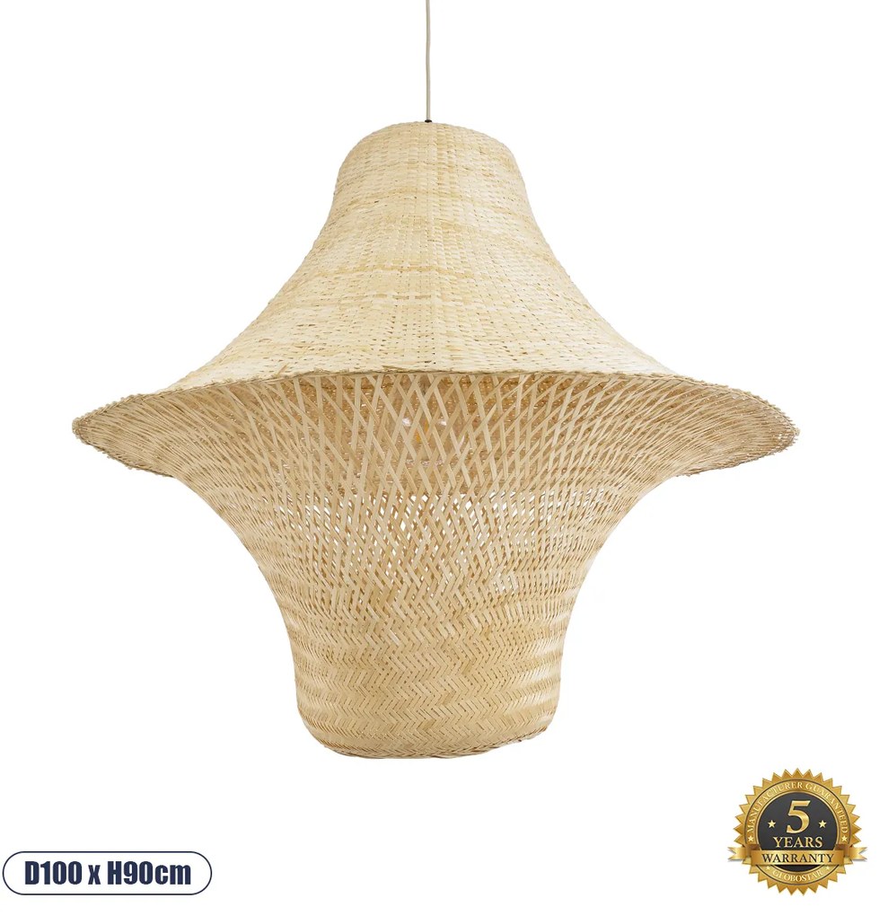 02047 GloboStar® JUNIPER 02047 Boho Κρεμαστό Φωτιστικό Καμπάνα Μονόφωτο 1 x E27 IP20 Μπεζ Ξύλο - Μ100 x Π100 x Υ90cm
