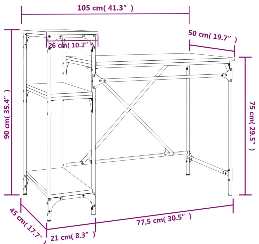 Γραφείο με Ράφια Καπνιστή Δρυς 105x50x90 εκ. Επεξ. Ξύλο/Σίδηρος - Καφέ