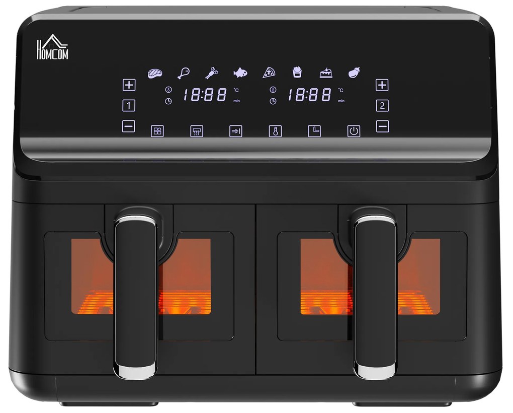 HOMCOM Φριτέζα αέρος, 2 καλάθια τηγανίσματος á 4 λίτρα, 8 προγράμματα, φως, χρονοδιακόπτης, 38,5 x 38 x 30,5 cm, Μαύρο