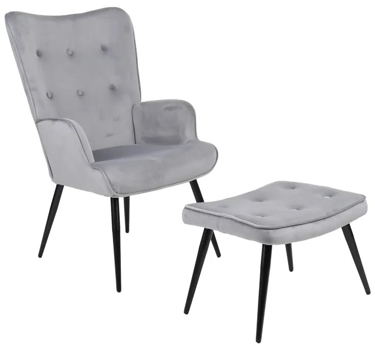 Πολυθρόνα με υποπόδιο Siella pakoworld γκρι βελούδο και μαύρο μέταλλο πόδι 59x67x94εκ