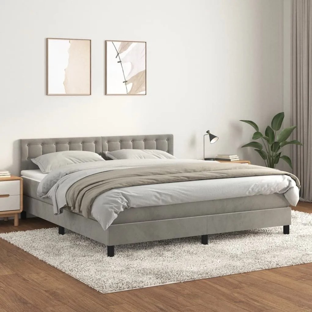 Κρεβάτι Boxspring με Στρώμα Ανοιχτό Γκρι 160x200 εκ. Βελούδινο - Γκρι