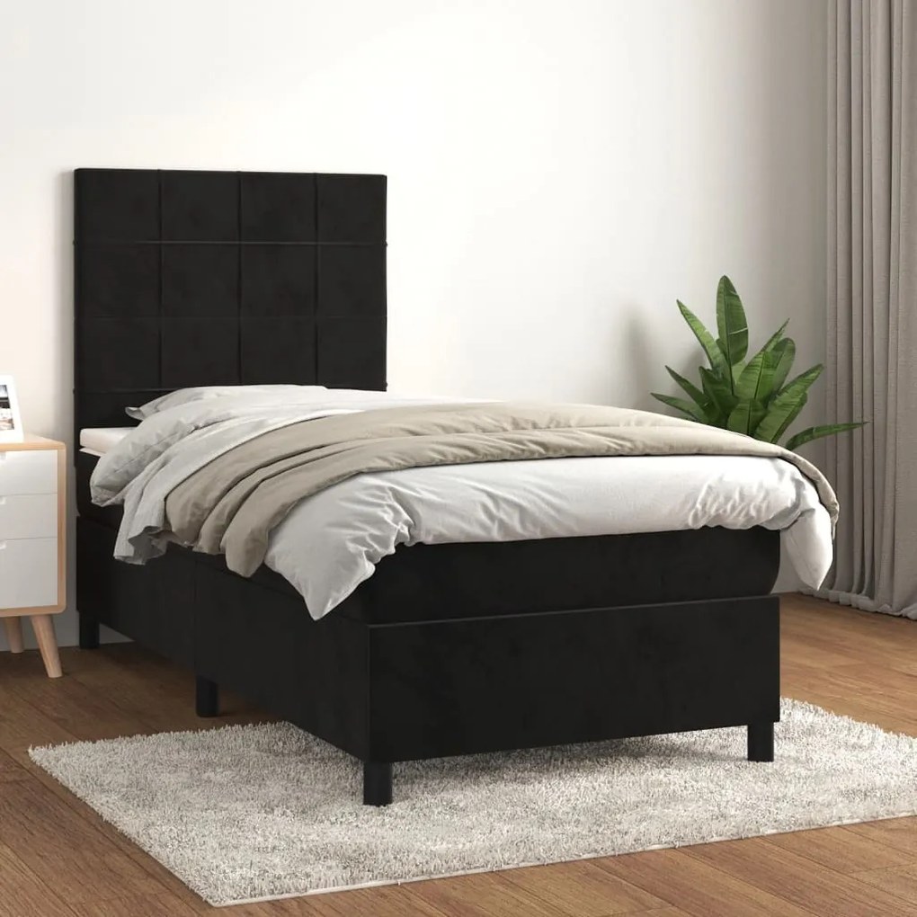 Κρεβάτι Boxspring με Στρώμα Μαύρο 90x190 εκ. Βελούδινο