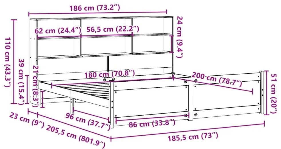 Κρεβάτι Βιβλιοθήκη Χωρίς Στρώμα 180x200 εκ Μασίφ Ξύλο Πεύκου - Λευκό