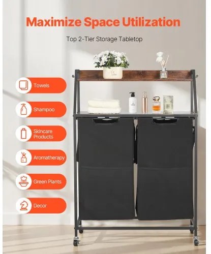VEVOR 2 Tiers Laundry Sorter Tall Laundry Hamper with Wheels and Hooks 2 Section