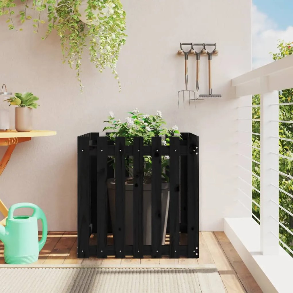 vidaXL Ζαρντινιέρα με Σχέδιο Φράχτη Μαύρη 70 x 70 x 70 εκ. Μασίφ Πεύκο