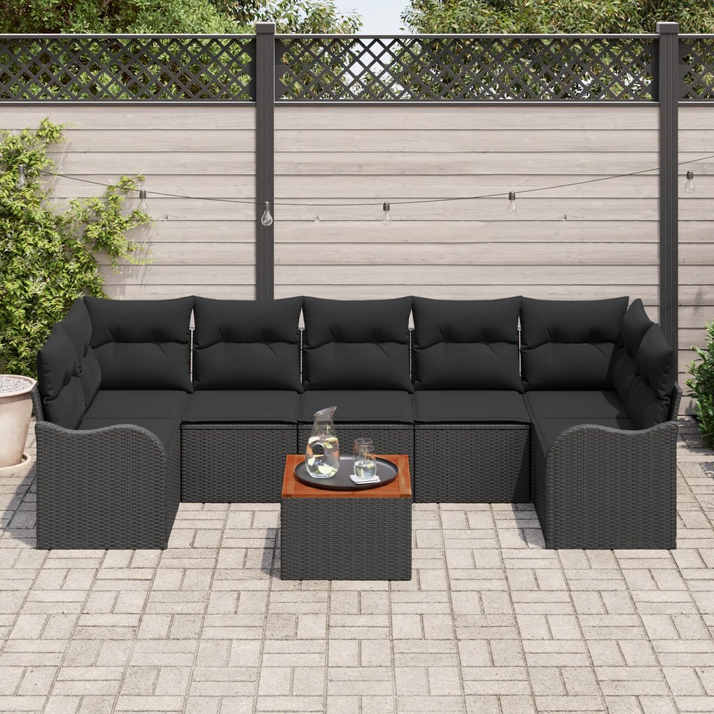 vidaXL Σετ Καναπέ Κήπου 8 pcs Μαύρο Μεγάλο ΠολυΡατάν, Ψάθα, Ξύλο