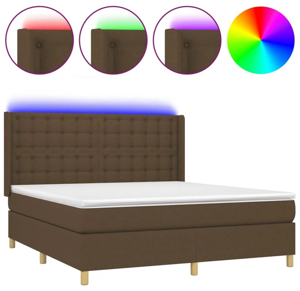 Κρεβάτι Boxspring με Στρώμα &amp; LED Σκ.Καφέ 160x200εκ. Υφασμάτινο  - Καφέ