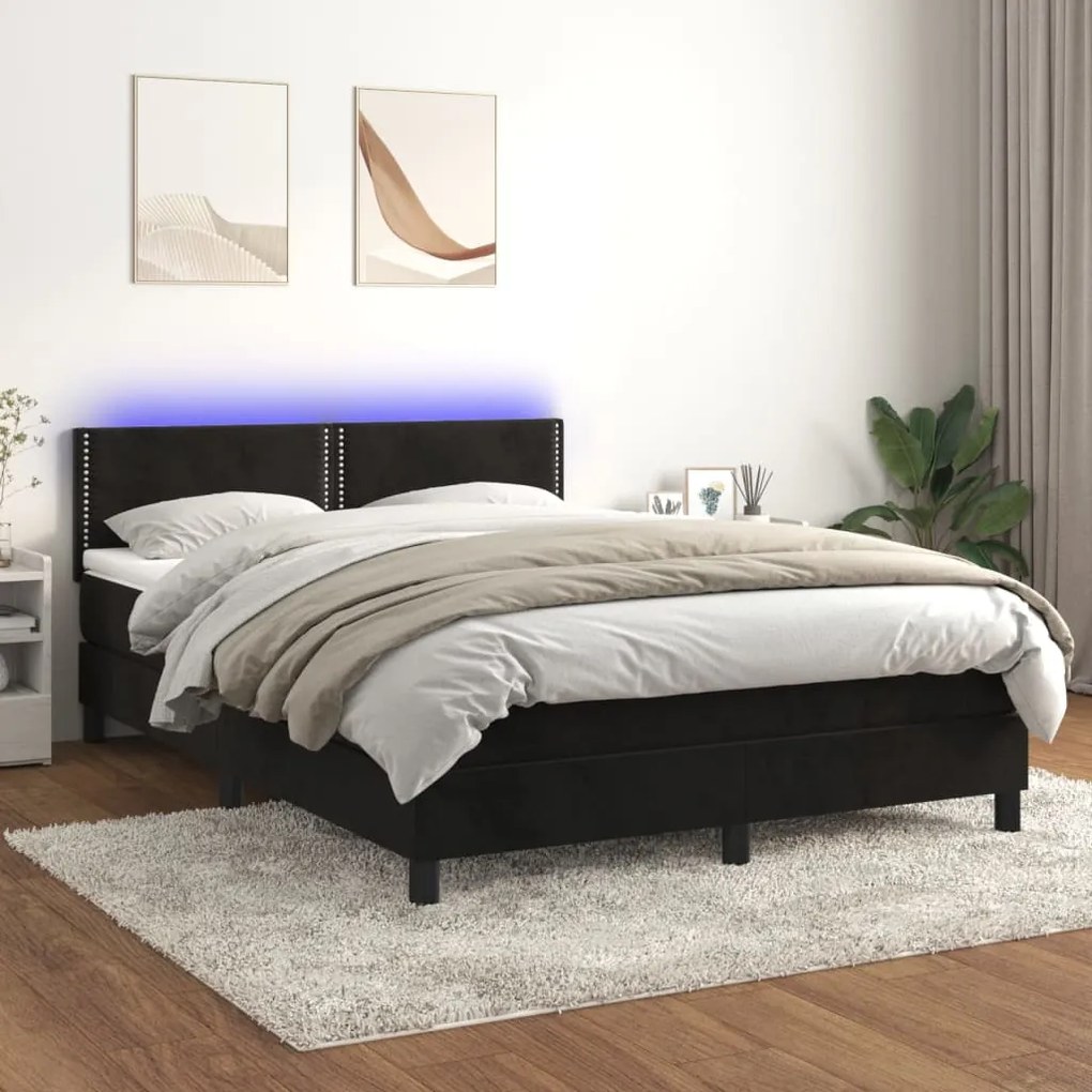 vidaXL Κρεβάτι Boxspring με Στρώμα & LED Μαύρο 140x190 εκ. Βελούδινο