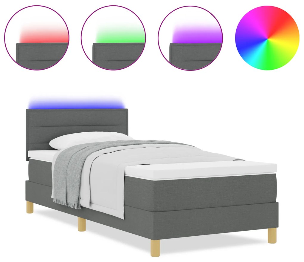 vidaXL Κρεβάτι με βαλίτσα και στρώμα & LED Σκούρο Γκρι 90x190 εκ. Ύφασμα