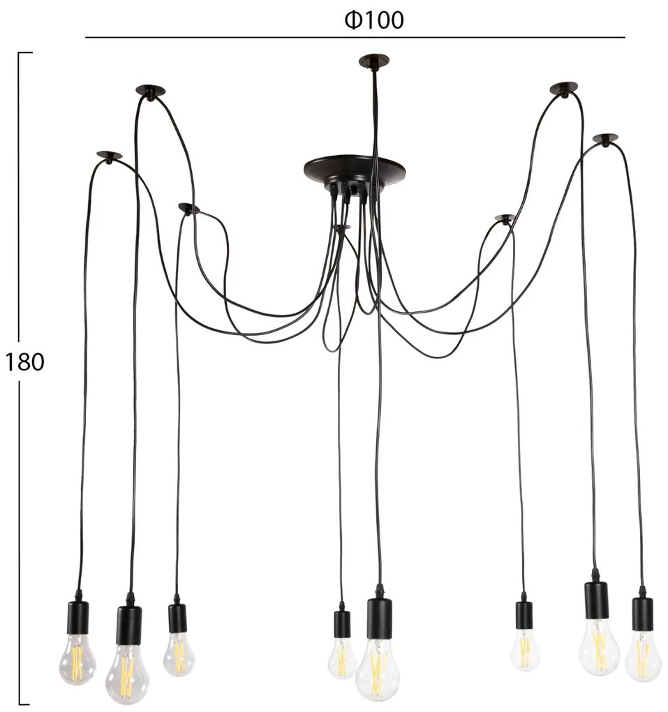 ΦΩΤΙΣΤΙΚΟ ΟΡΟΦΗΣ ΚΡΕΜΑΣΤΟ 8-ΦΩΤΟ  ΜΑΥΡΟ ΜΕΤΑΛΛΙΚΟ-ΜΑΥΡΑ ΚΑΛΩΔΙΑ Φ100x180Υ 100x100x180 εκ.
