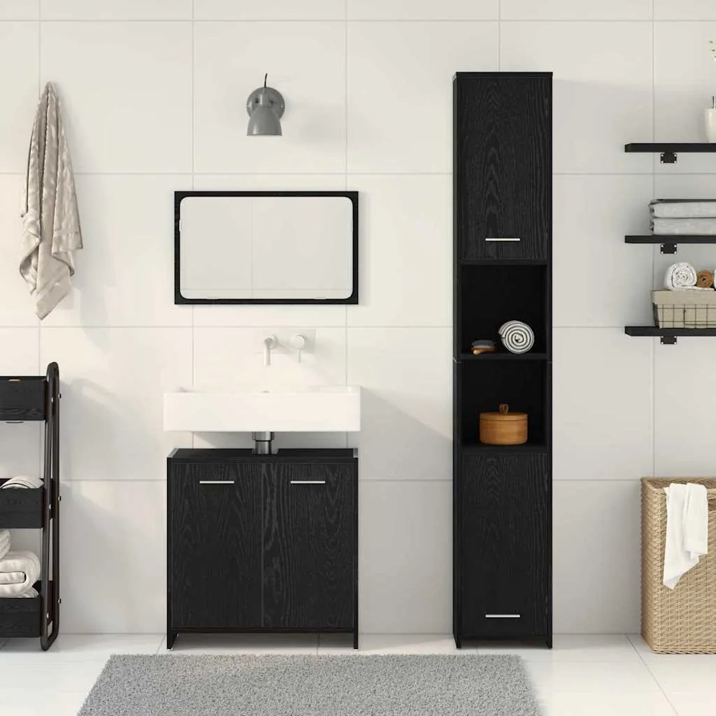 vidaXL Έπιπλα Μπάνιου Επιτοίχιο 3 pcs Μαύρη Οξυά 30 x 30 x 183.5 εκ.