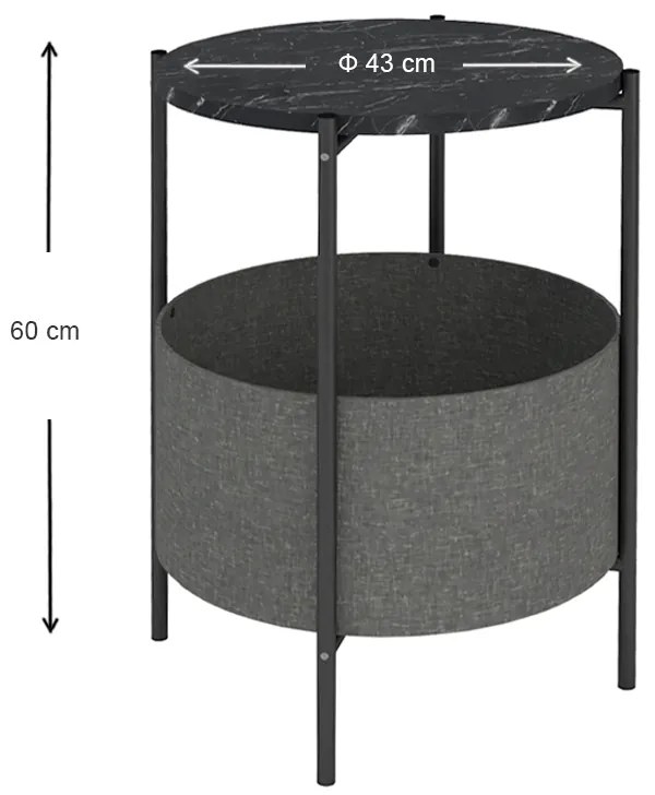 Τραπεζάκι βοηθητικό Kalid Megapap μελαμίνης - υφασμάτινο χρώμα μαύρο εφέ μαρμάρου - γκρι 43x43x60εκ.