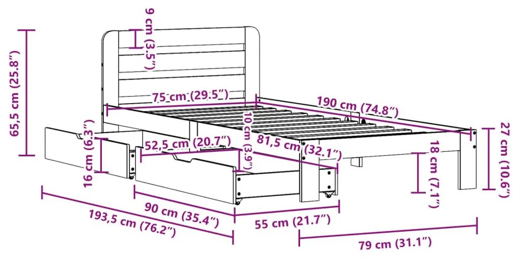 Σκελετός Κρεβ. Χωρίς Στρώμα Καφέ Κεριού 75x190 εκ Μασίφ Πεύκο - Καφέ