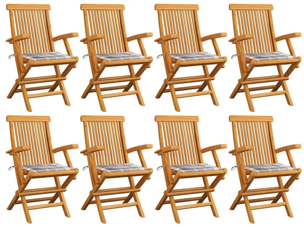 vidaXL Καρέκλες Κήπου 8 τεμ από Μασίφ Ξύλο Teak με Γκρι Καρό Μαξιλάρια