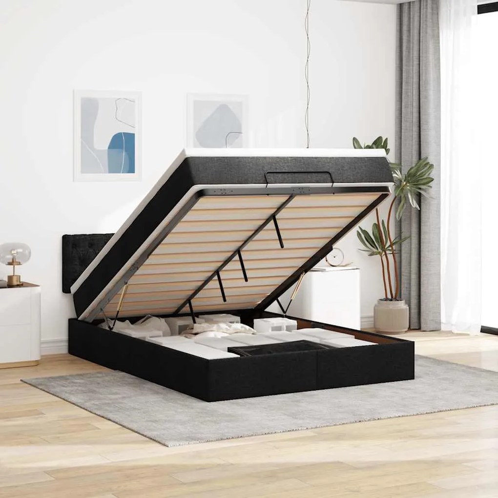 vidaXL Οθωμανικό κρεβάτι με στρώμα Μαύρο 140x200cm Ύφασμα