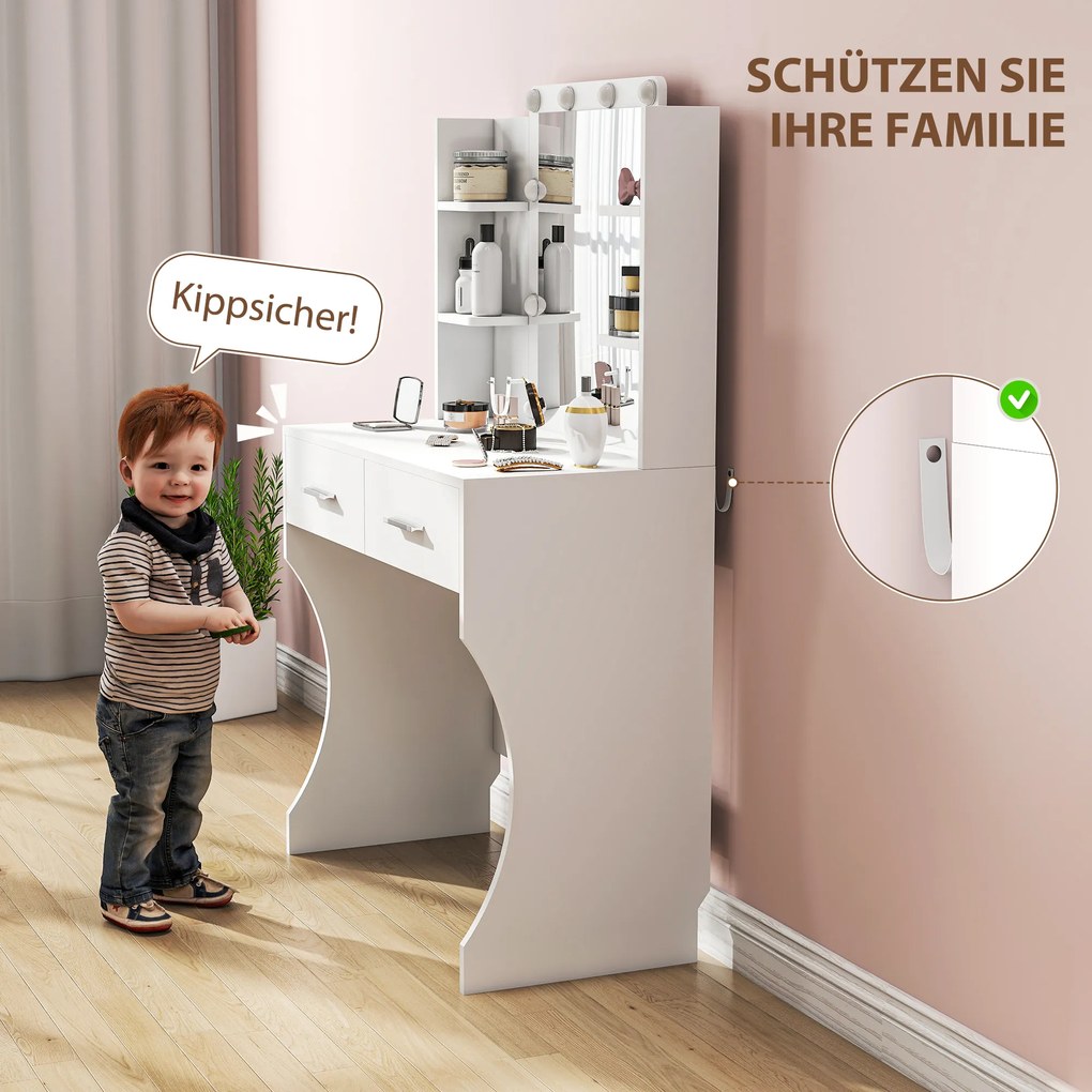 Σπιράλ τραπέζι μακιγιάζ HOMCOM με καθρέφτη και ρυθμιζόμενα φώτα LED, συρτάρια, ράφια, Λευκό