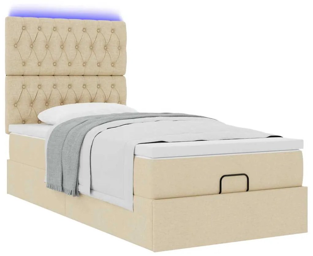 vidaXL Οθωμανικό κρεβάτι με στρώμα & LEDs Cream 90x190cm ύφασμα