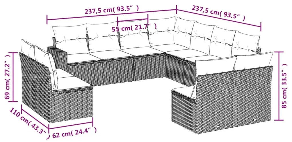 vidaXL Σαλόνι Κήπου Σετ 11 τεμ. Μπεζ Συνθετικό Ρατάν με Μαξιλάρια