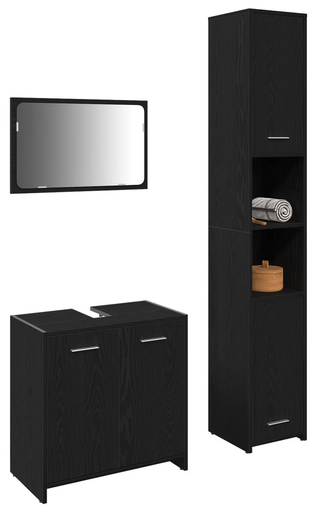 vidaXL Έπιπλα Μπάνιου Επιτοίχιο 3 pcs Μαύρη Οξυά 30 x 30 x 183.5 εκ.