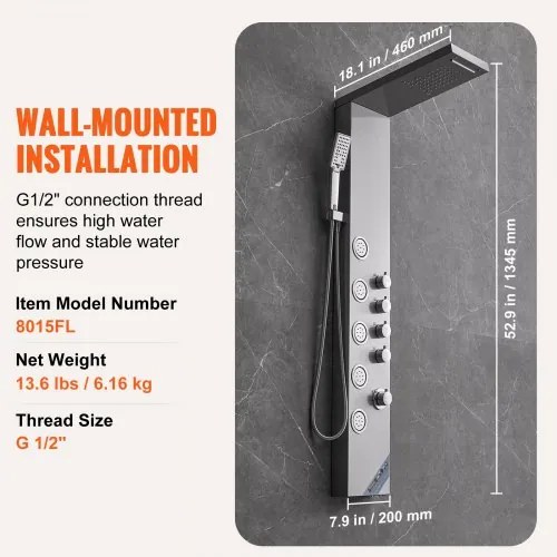 VEVOR Shower Panel System, 4 Shower Modes Shower Panel Tower, Rainfall, Waterfall, 5 Full Body Massage Jets and 3-Setting Handheld Shower Head with 59&quot; Hose, Stainless Steel Wall-Mounted Shower Set