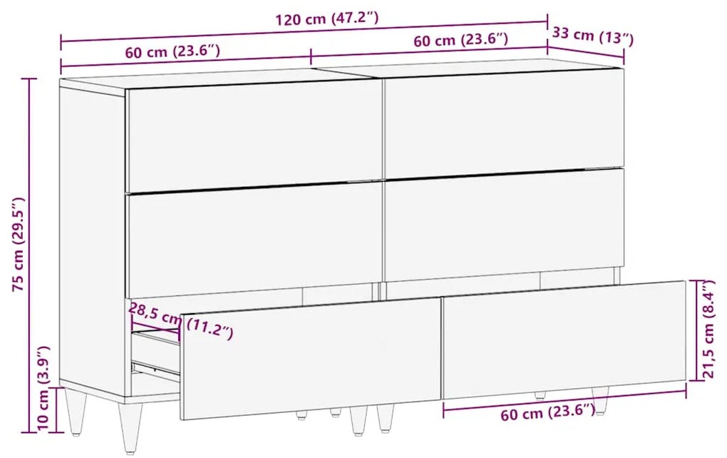 Sideboards 2 τεμάχια ανοιχτό γκρι 60x33,5x75cm μασίφ ξύλο Mango - Μαύρο