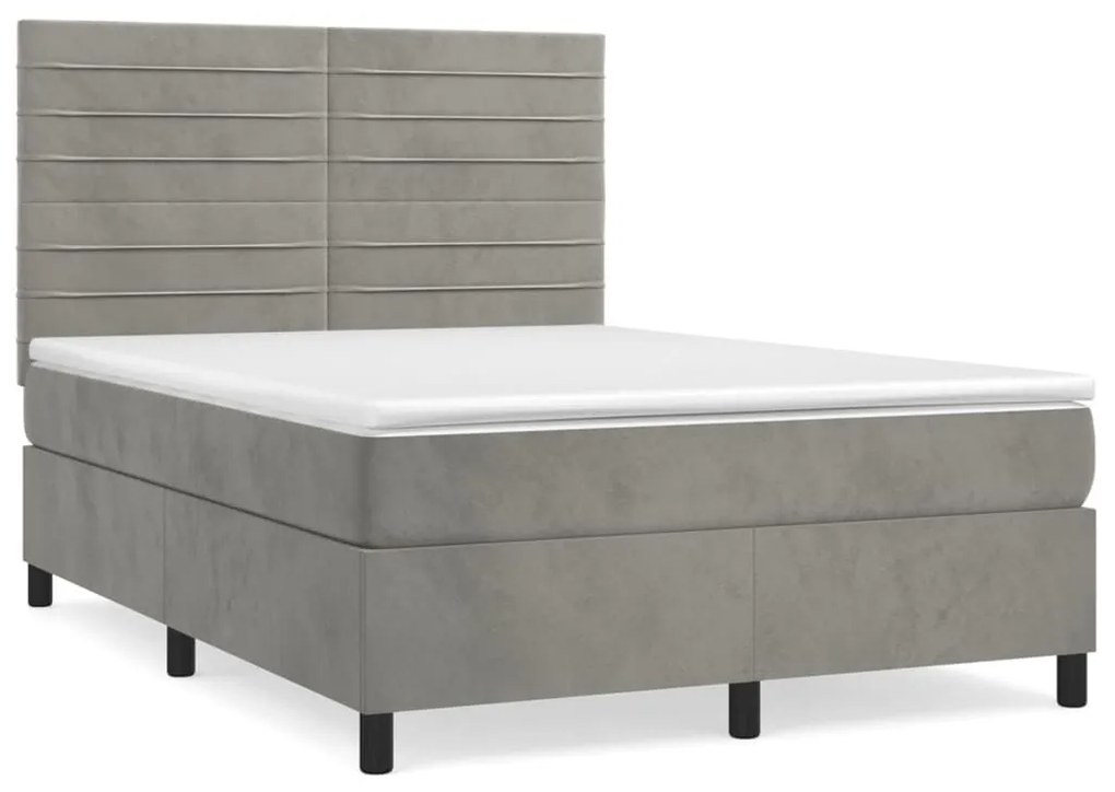 Κρεβάτι Boxspring με Στρώμα Ανοιχτό Γκρι 140x190 εκ. Βελούδινο - Γκρι