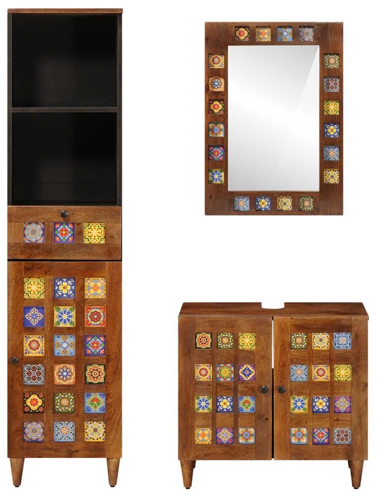 vidaXL Σετ Επίπλων Μπάνιου με συρτάρι 3 pcs Καρυδιά Στερεό ξύλο μάνγκο